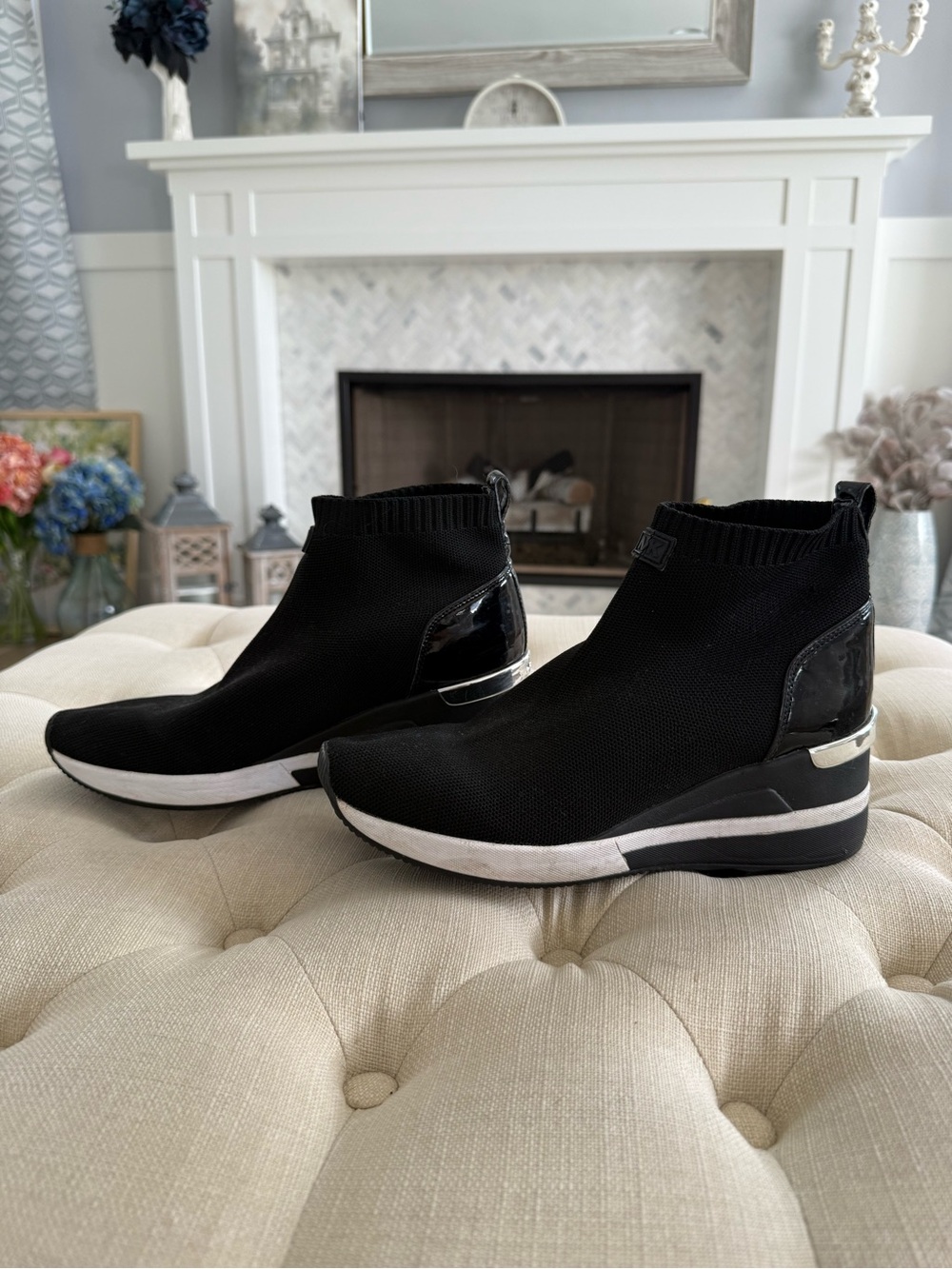 Michael Kors Black Knit Slip-On Wedge Ankle Sneakers with Silver Trim